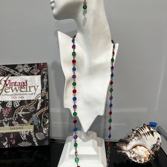 Vintage Long Caged Multicolour Crystals Necklace Bracelet Dangling Earrings 90's - Picture 13 of 13